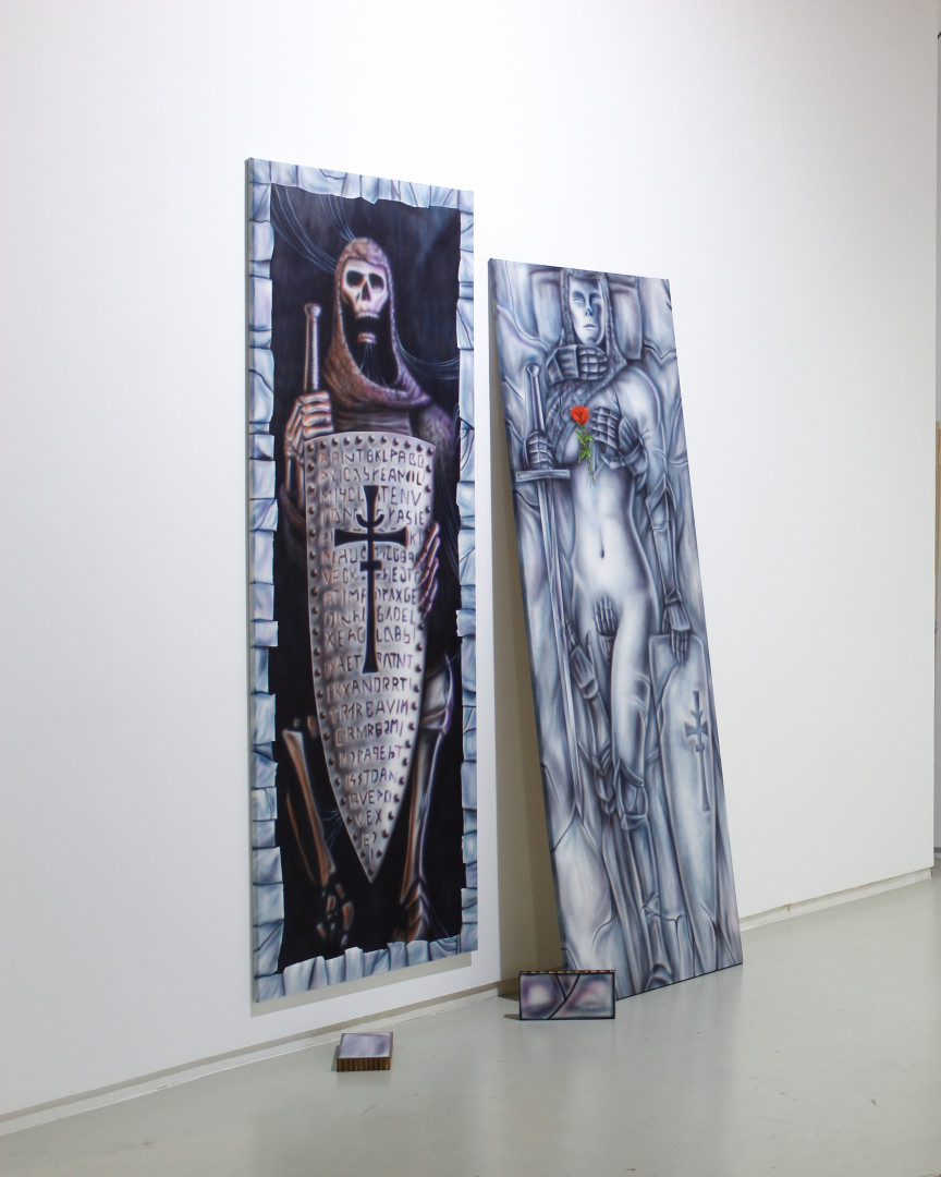Templario. Díptico, acrílico sobre lienzo, 195 x 70 cm (cada módulo), 2022